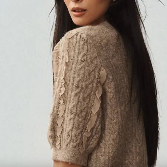 NWT - MAEVE Short-Sleeve Crystal Embellished Ruffled Cardigan Sweater - Size L - Picture 6 of 16